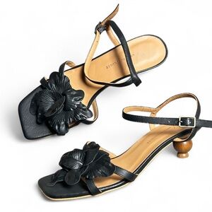 Anthropologie Seraphina Black Leather Flower Orb Heel Sandals Size 38 EU 7.5 US